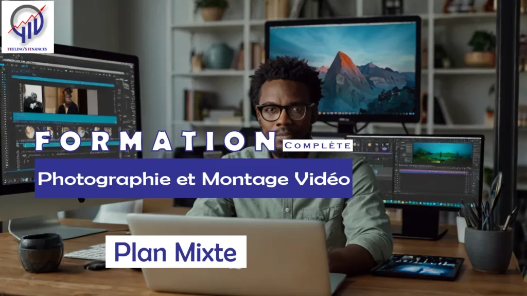 Créatif africain utilisant du matériel de photo et de vidéo sur un bureau avec un ordinateur.