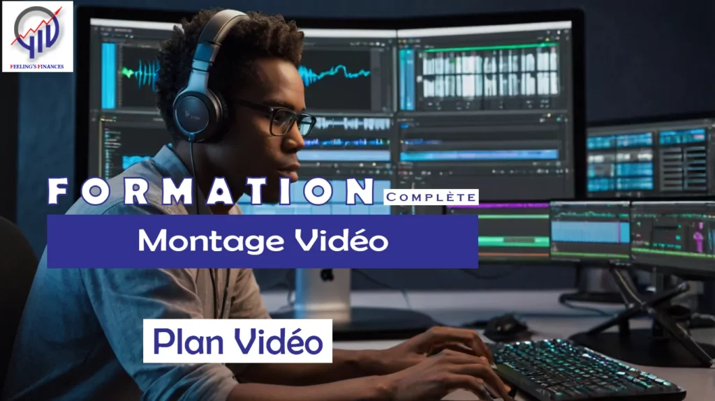 Monteur vidéo africain travaillant sur plusieurs écrans avec logiciel de montage vidéo.