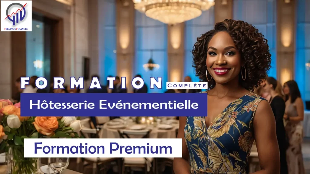 Hôtesse afro-américaine élégante en uniforme accueillant des invités dans une salle de conférence décorée avec raffinement.