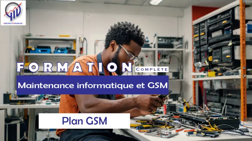 Technicien africain travaillant sur la réparation d'un smartphone, avec des outils et des pièces détachées dans un espace lumineux et organisé.