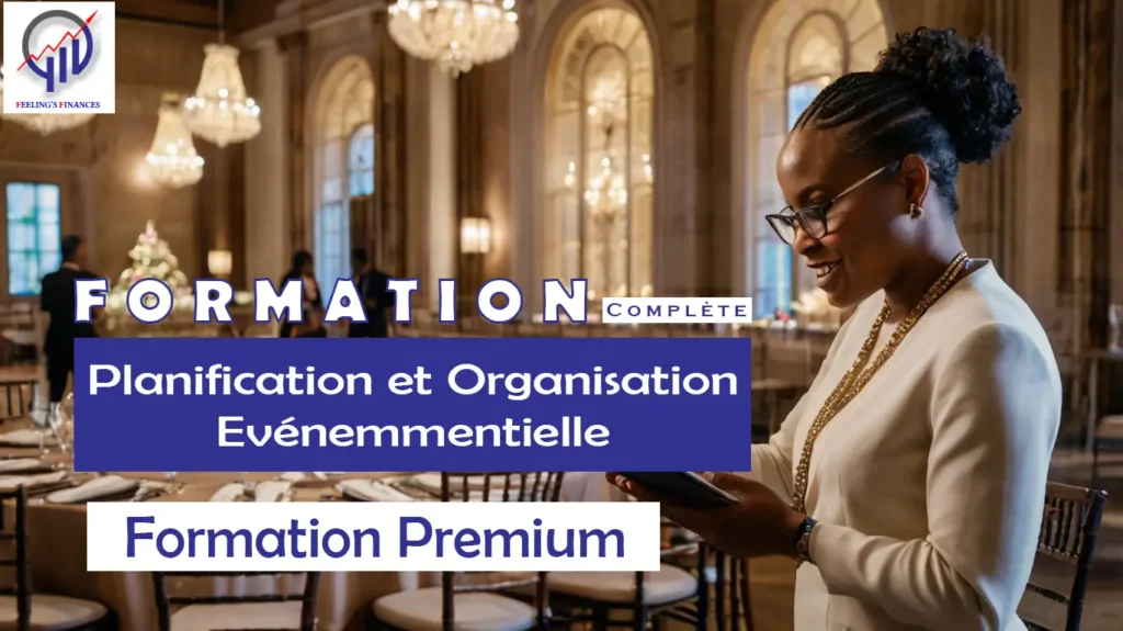 Professionnels de l'événementiel collaborant autour d'une table avec des plans, des ordinateurs et un écran affichant une organisation d'événement.