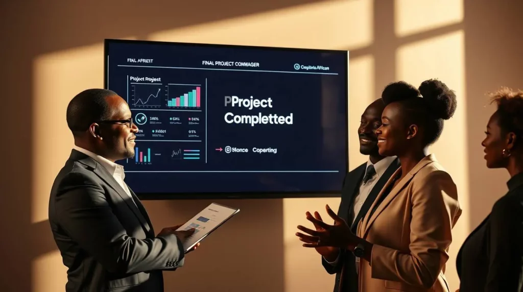Un chef de projet afro-africain présentant un rapport de fin de projet à son équipe. L'illustration inclut des graphiques, des checklists et des discussions sur les leçons apprises après un projet réussi.