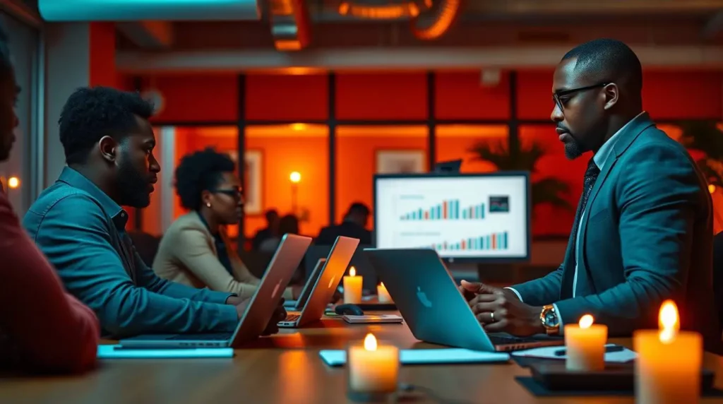 Professionnels afro-africains en réunion, un leader montrant des KPIs et des indicateurs de performance sur un écran. Image dynamique illustrant la gestion des ressources et l'exécution efficace du projet.