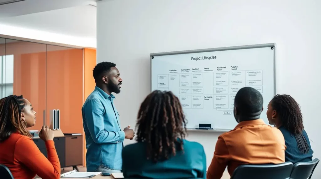 Image représentant un chef de projet africain expliquant le cycle de vie d'un projet (initiation, planification, exécution, clôture) à une équipe dans un bureau moderne. L'illustration met en avant la gestion stratégique de projet.