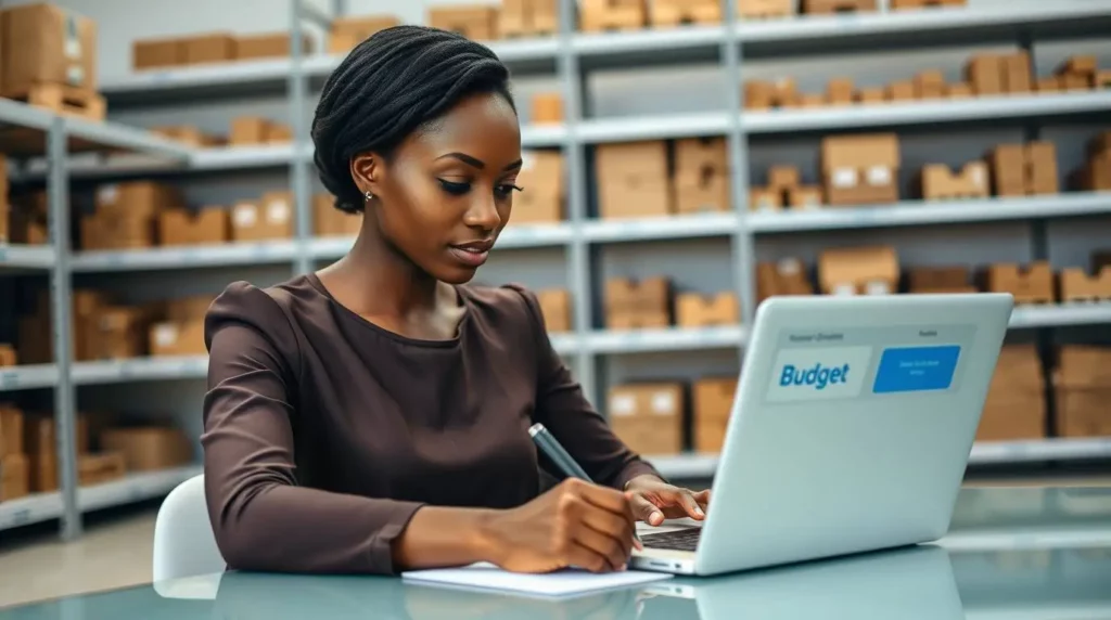 Image d'un professionnel afro-africain analysant un tableau de bord financier sur un ordinateur, et une autre personne signant un contrat de fournisseur. L’image illustre la gestion des finances et des ressources d'un projet.