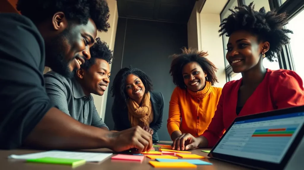 Image d’une équipe de professionnels afro-africains autour d'une table, organisant les tâches et discutant d'un diagramme de Gantt pour planifier un projet. Un environnement de travail collaboratif et bien structuré.